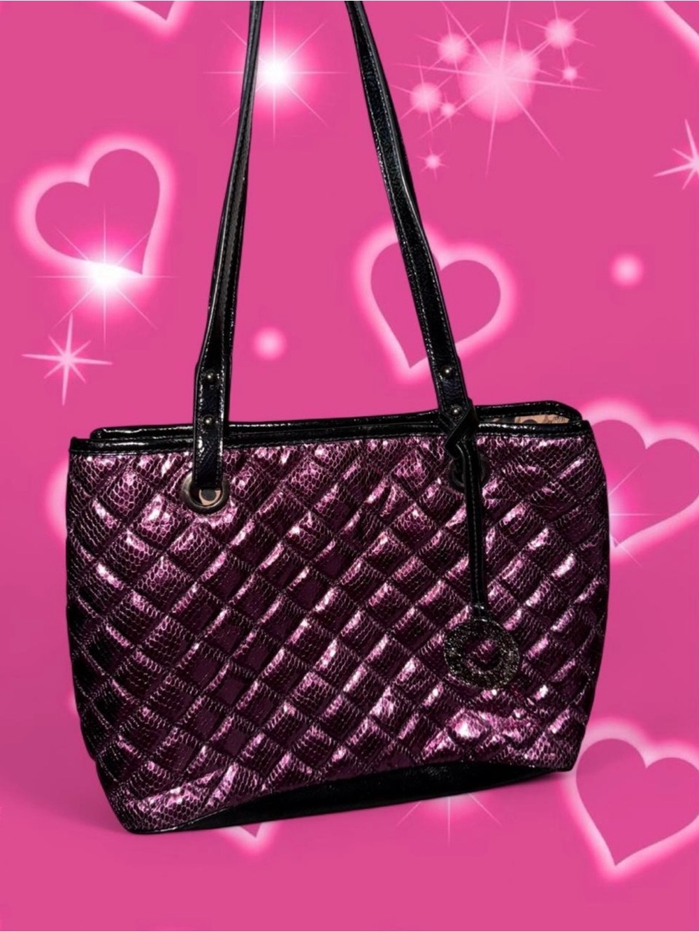 Nine West Quilted Metallic Plum Tote with Black Trim